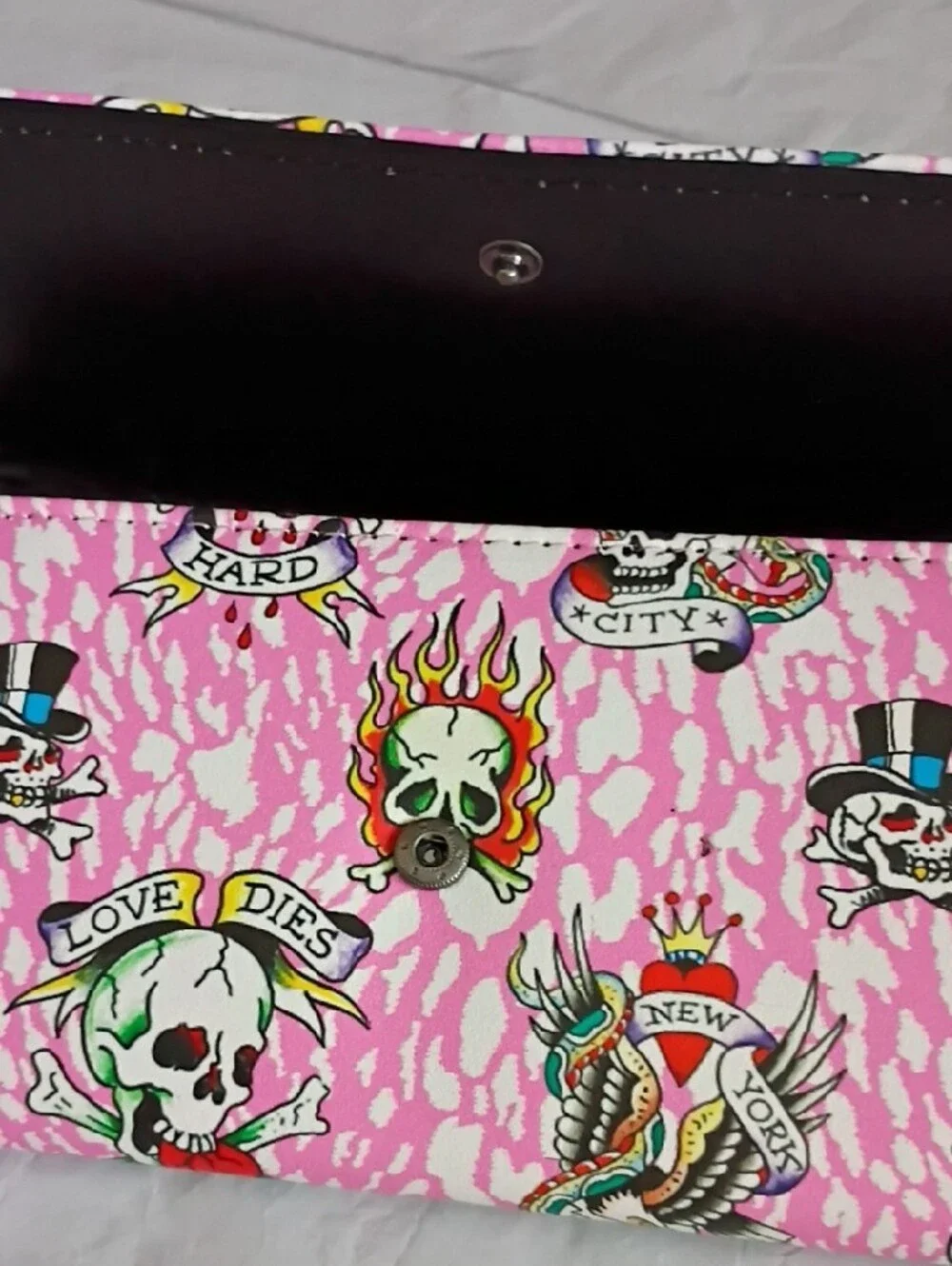 Ed Hardy Pink Skull Tattoo-Print Trifold Wallet NWT